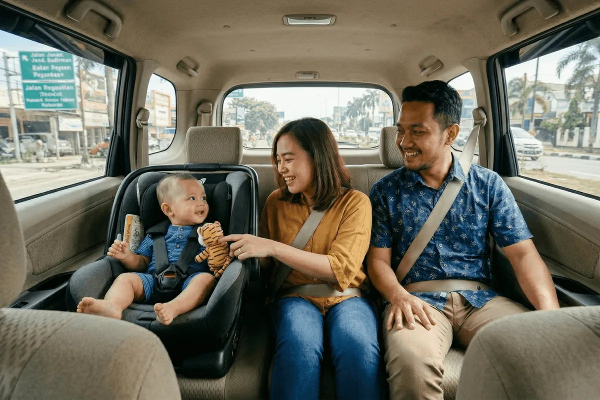 Ilustrasi mobil keluarga dengan bagasi dan perlengkapan bayi